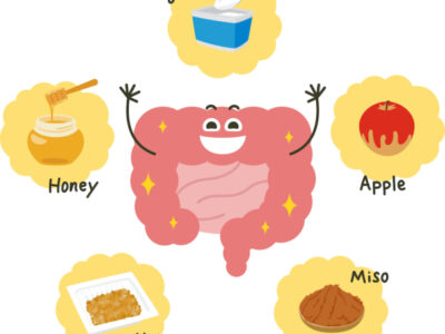 Illustration of a pink large intestine. Healthy foods such as natto and yogurt.